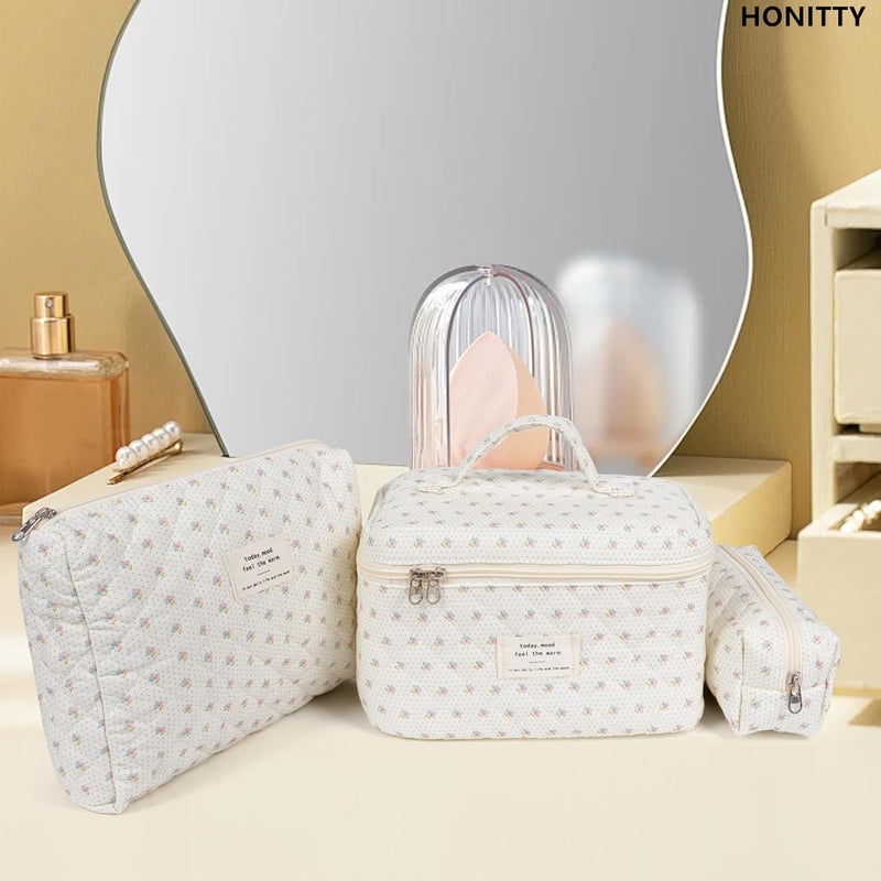 honitty Makeup Bag,Quilted Cosmetic Bags,Large Floral Make Up Organize bag,Makeup Bag Set for Women,Flower Travel Toiletry Bag - Image 5
